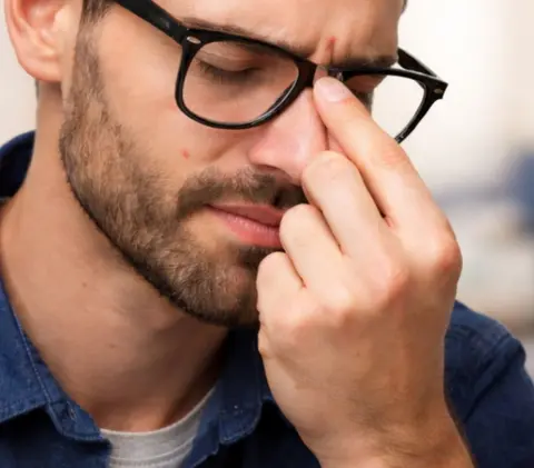 Woman adjusting glasses on nose bridge